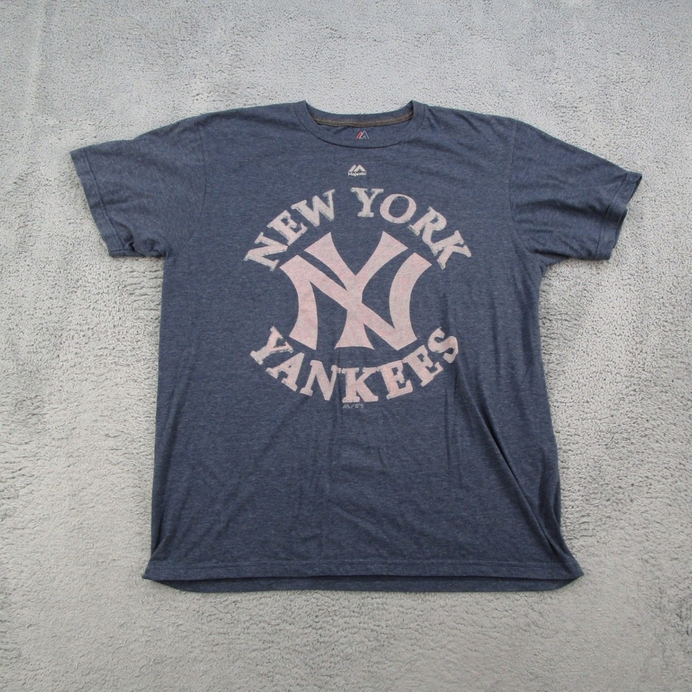 Majestic New York Yankees T Shirt Mens Large Blue World Series Ticket Stubs MLB
